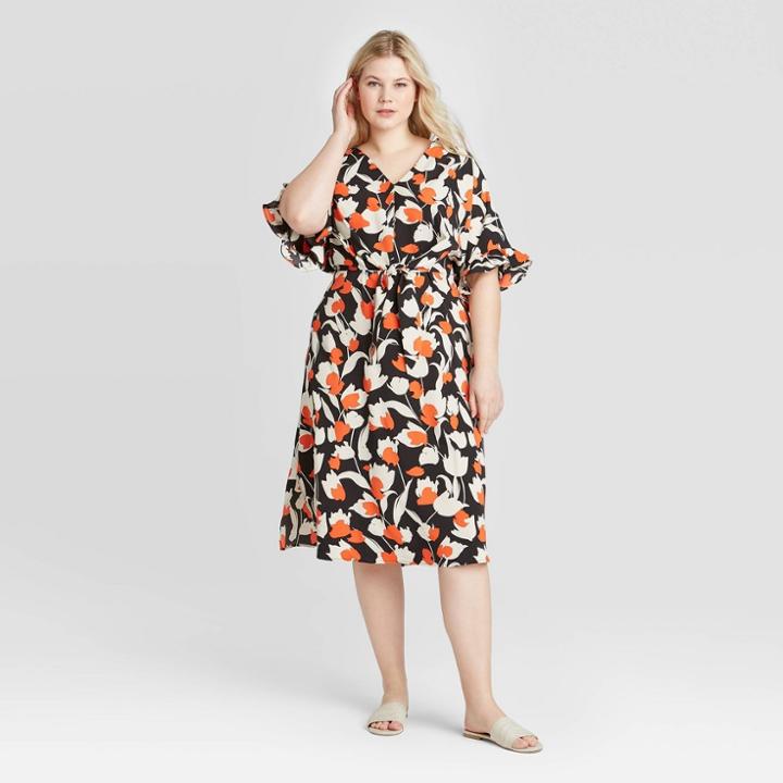 Women's Plus Size Floral Print Flutter Elbow Sleeve Tie Waist Dress - Who What Wear Cream 1x, Women's, Size: