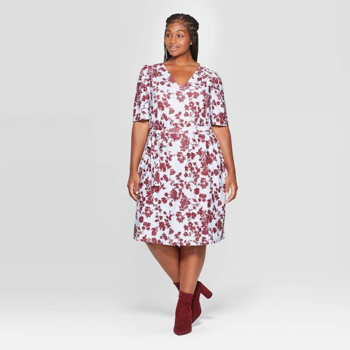 Women's Plus Size Floral Print Puff Short Sleeve V-neck Knitted Mini Dress - Ava & Viv Blue 1x, Women's,