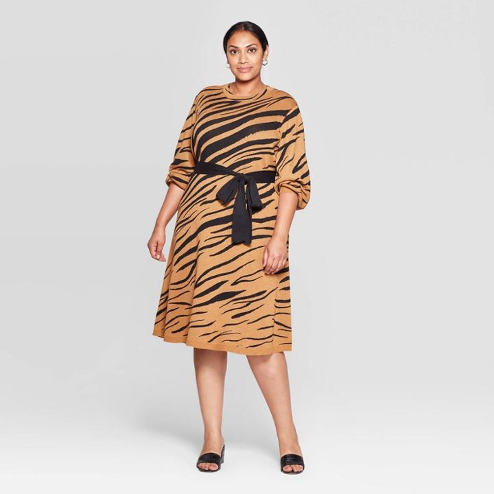 Women's Plus Size Jacquard Print 3/4 Sleeve Mock Turtleneck Intarsia Sweater Midi Dress - Who What Wear Tan 1x, Women's,