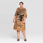 Women's Plus Size Jacquard Print 3/4 Sleeve Mock Turtleneck Intarsia Sweater Midi Dress - Who What Wear Tan 1x, Women's,