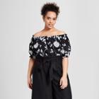 Women's Plus Size Short Sleeve Embroidered Bardot Top - Who What Wear Black/white X