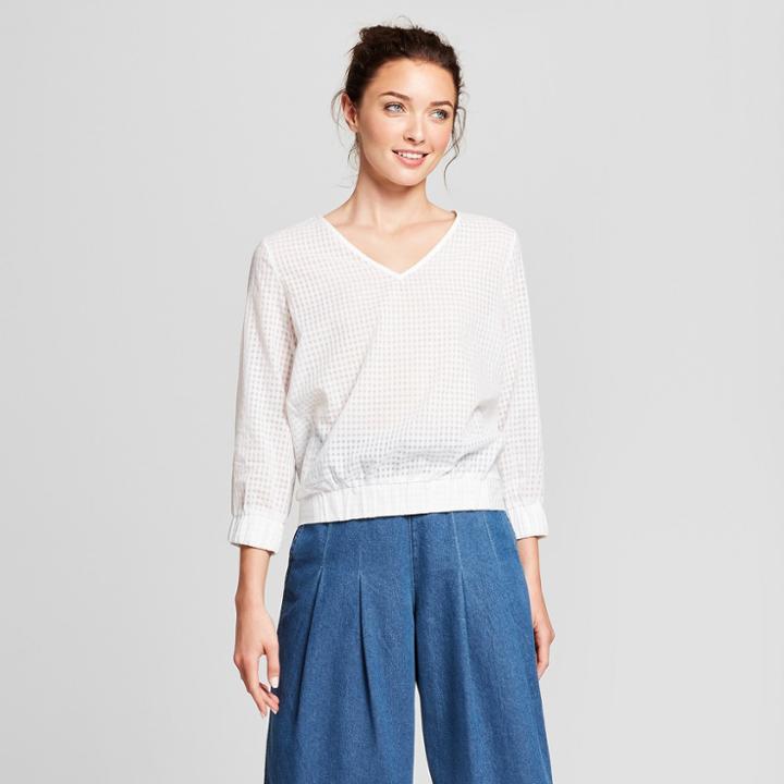 Women's Textured Long Sleeve Pullover Blouse - A New Day White