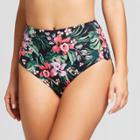 Vanilla Beach Women's Floral Scallop Cheeky High Waist Bikini Bottom - Black Floral