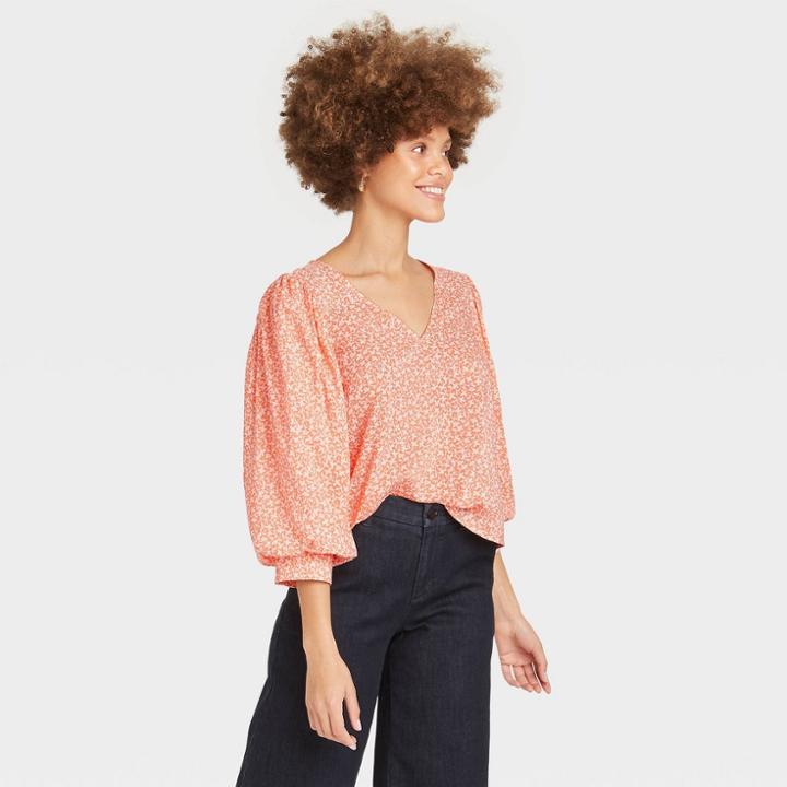 Women's Floral Print 3/4 Sleeve Voile Top - A New Day Coral