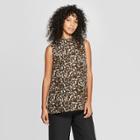 Women's Printed Sleeveless Mock Neck Woven Shell Blouse - Prologue Black Animal Print