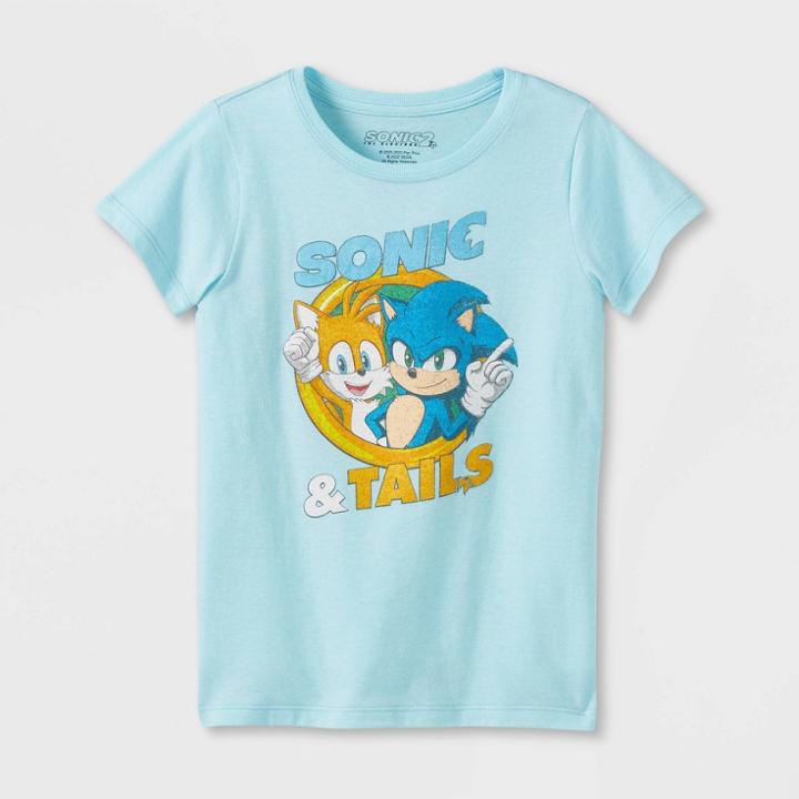 Girls' Sonic The Hedgehog Short Sleeve Graphic T-shirt - Light Aqua Blue