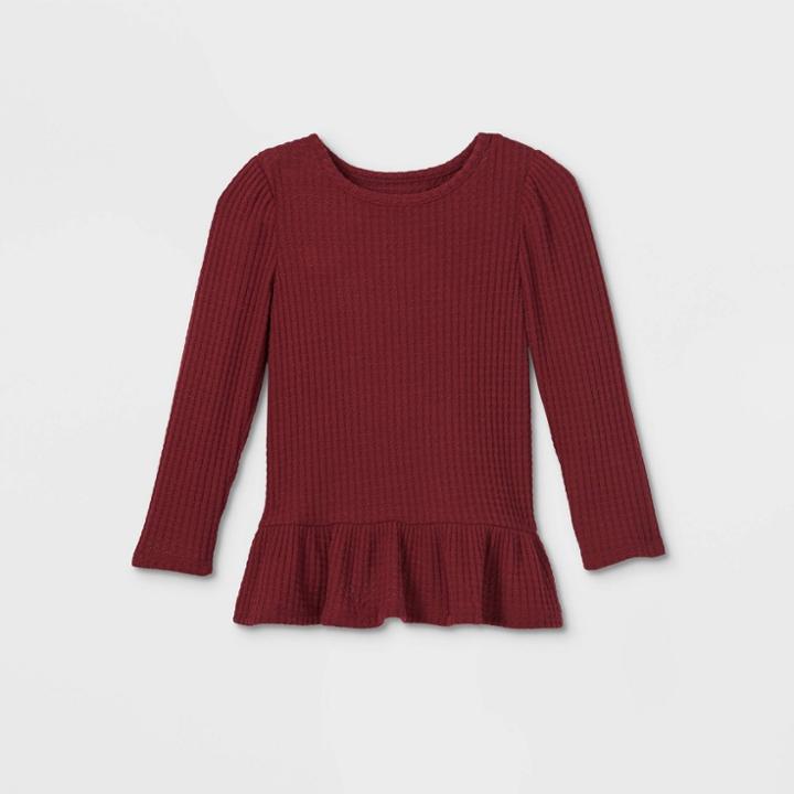 Toddler Girls' Solid Cozy Waffle Long Sleeve T-shirt - Cat & Jack Burgundy