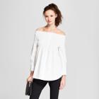 Women's Long Sleeve Off The Shoulder Smocked Button-up Shirt - Alison Andrews White