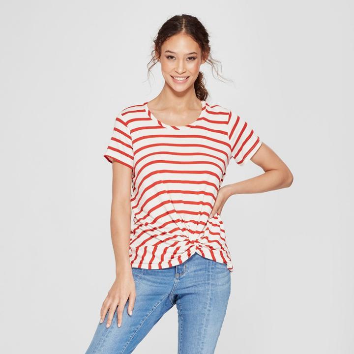 Women's Striped Short Sleeve Twist Front Top - Alison Andrews White/red