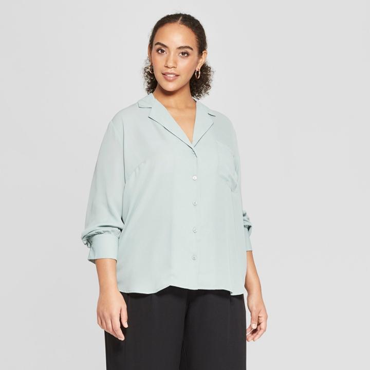 Women's Plus Size Striped Long Sleeve V-neck Button-up Blouse - Who What Wear Green