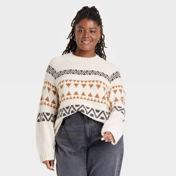 Women's Plus Size Mock Turtleneck Pullover Sweater - Universal Thread Cream Fair Isle 3x, Ivory Fair Isle