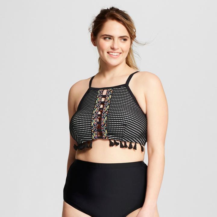 Costa Del Sol Women's Striped Plus Size Crochet Tassel High Neck Bikini Top - Black X