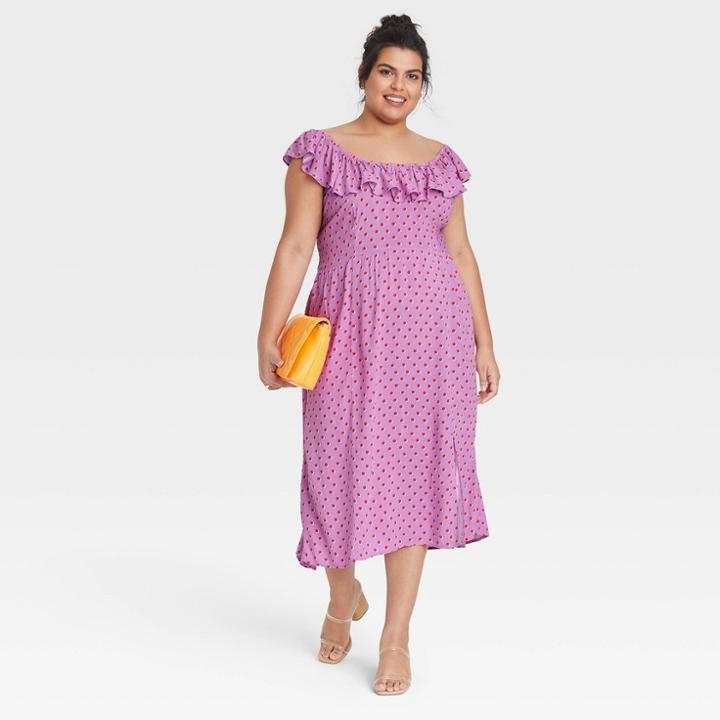 Women's Plus Size Ruffle Short Sleeve Side Slit Dress - Ava & Viv Purple Polka Dot X