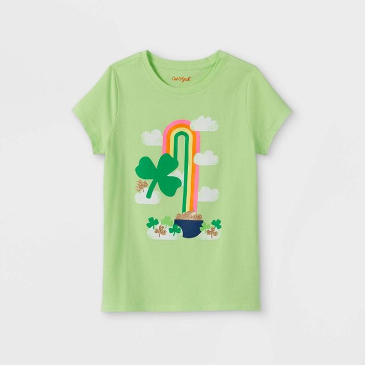 Girls' 'st. Patrick's Day Shamrock Rainbow' Short Sleeve Graphic T-shirt - Cat & Jack Light Green
