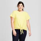 Women's Plus Size Striped Tie Front Short Sleeve T-shirt - A New Day Yellow/white X
