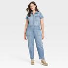 Women's Plus Size Short Sleeve Denim Jumpsuit - Ava & Viv Medium Wash