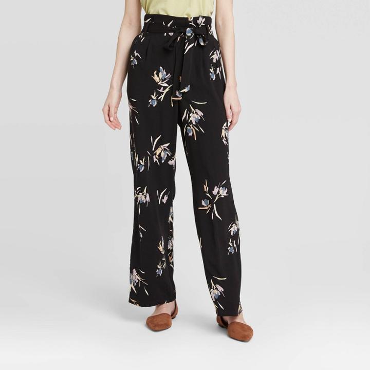 Women's Floral Print High-rise Ankle Length Paperbag Pants - A New Day Black