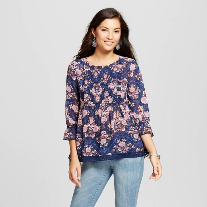 Women's Ruched Floral Print Top - Knox Rose Navy