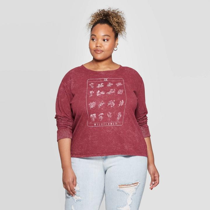 Women's Floral Print Screen Plus Size Long Sleeve T-shirt - Fifth Sun (juniors') - Red 1x, Women's,