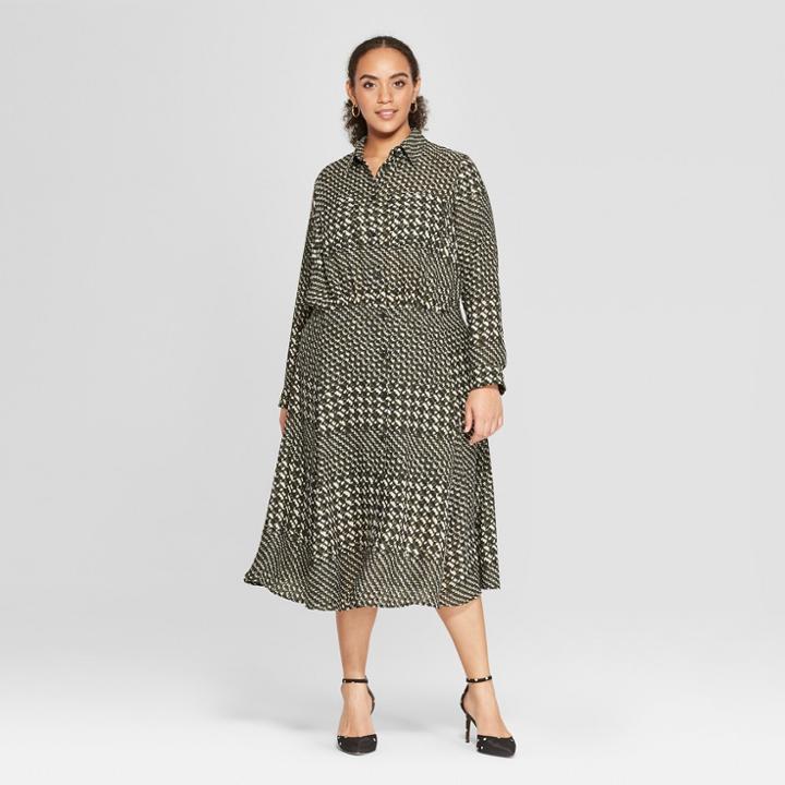 Women's Plus Size Houndstooth Convertible Sleeve Midi Shirt Dress - Who What Wear Black/cream (black/ivory) X