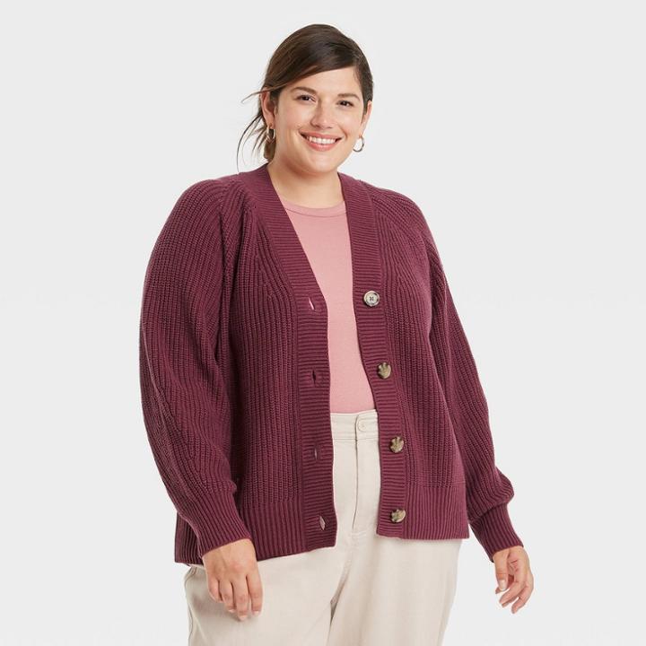 Women's Plus Size Button-front Cardigan - A New Day Burgundy
