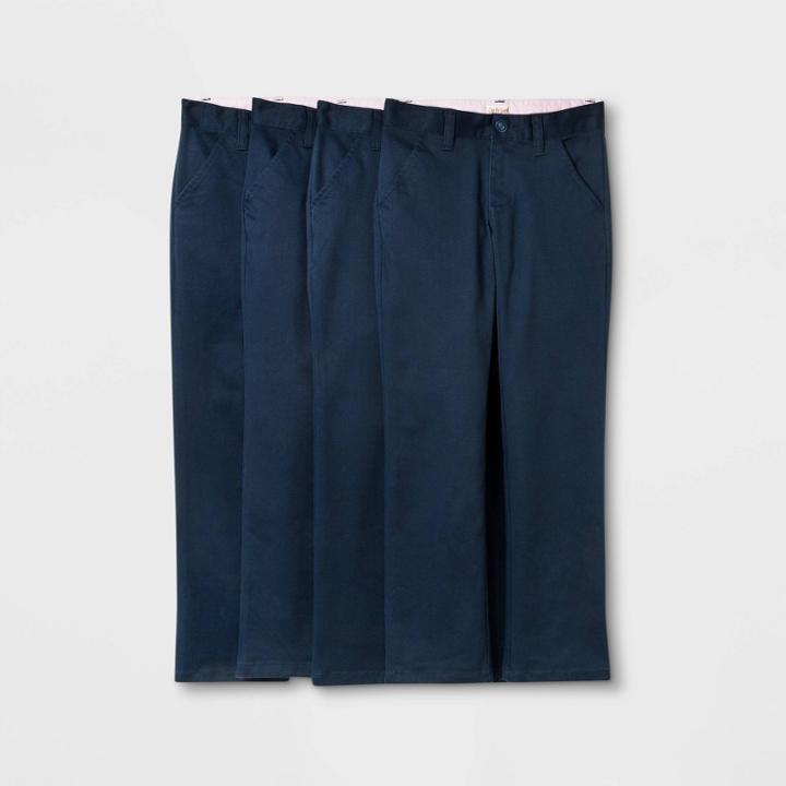 Girls' 4pk Flat Front Stretch Uniform Straight Fit Pants - Cat & Jack Dark Blue