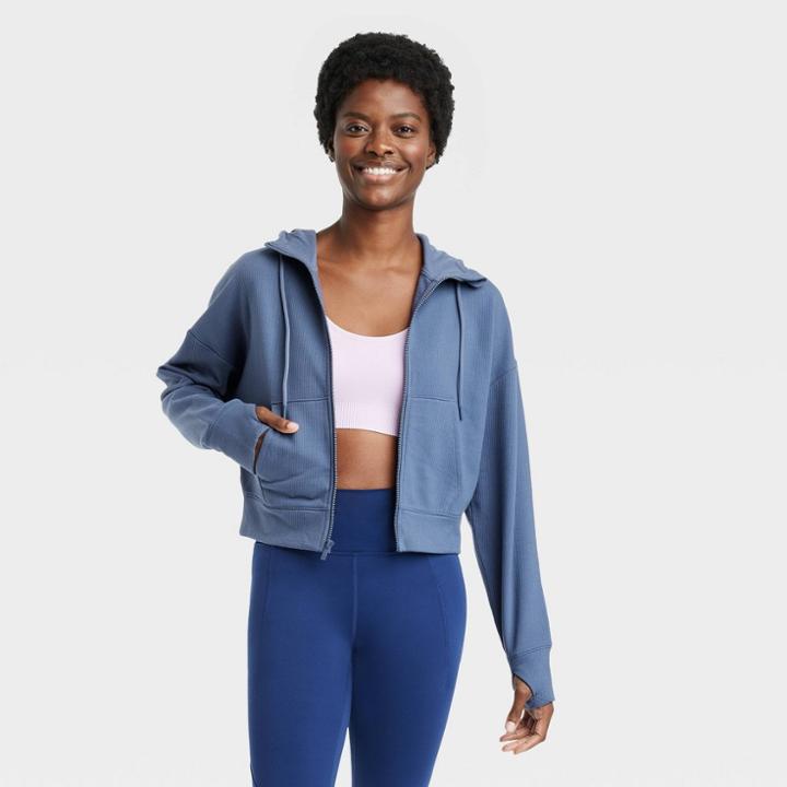 Women's Ribbed Fleece Cropped Hooded Sweatshirt - All In Motion Navy Blue