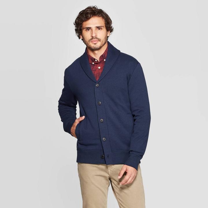 Men's Regular Fit Fleece Button-down Sweatshirt - Goodfellow & Co Xavier Navy S, Size: Small, Xavier Blue