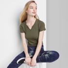 Women's Short Sleeve Notch Front Baby T-shirt - Wild Fable Olive Green