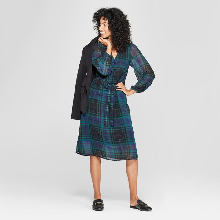 Women's Plaid Long Sleeve Midi Dress - A New Day Black