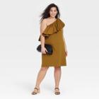 Women's Plus Size One Shoulder Ruffle Sleeveless Dress - A New Day Brown