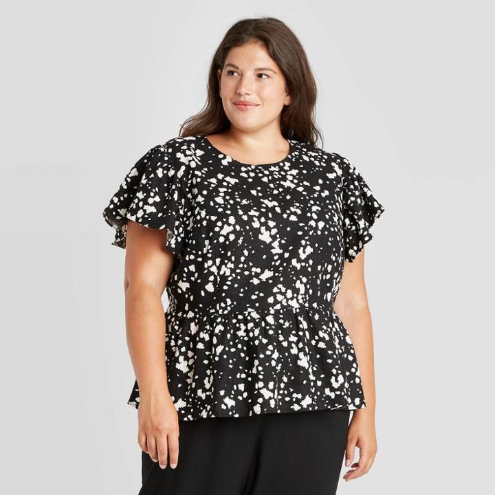Women's Plus Size Polka Dot Flutter Short Sleeve Blouse - Who What Wear Black