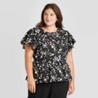 Women's Plus Size Polka Dot Flutter Short Sleeve Blouse - Who What Wear Black
