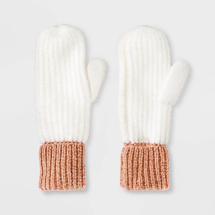 Women's Chenille Mitten - A New Day Cream One Size, Women's, Ivory