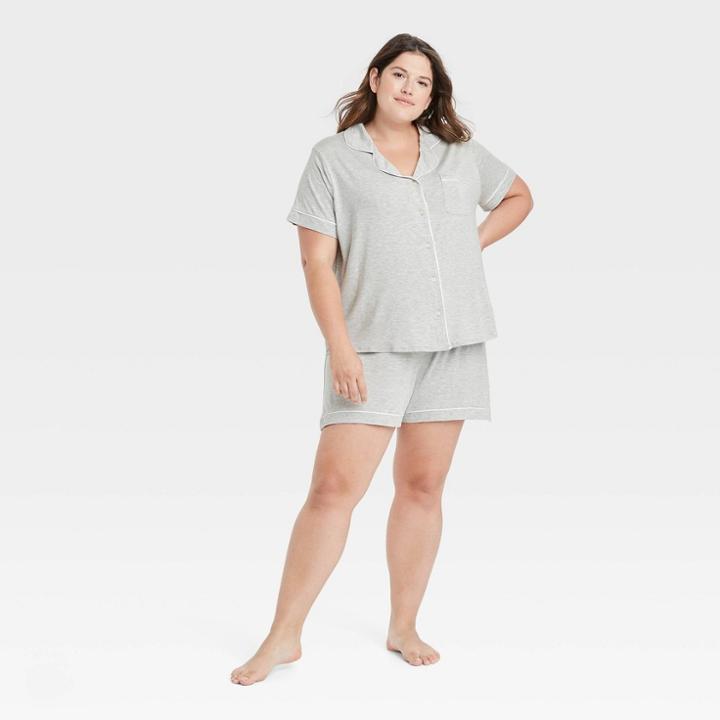 Women's Plus Size Beautifully Soft Short Sleeve Notch Collar Top And Shorts Pajama Set - Stars Above Gray