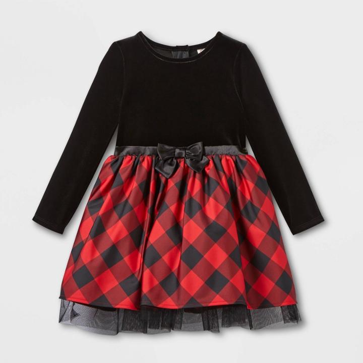 Toddler Girls' Plaid Velour Long Sleeve Dress - Cat & Jack Red