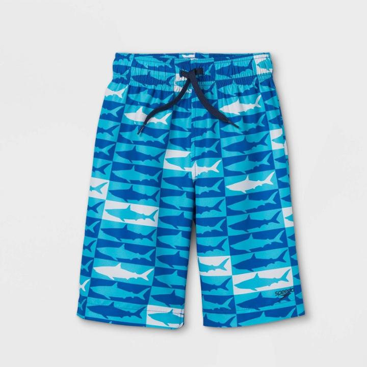 Speedo Boys' Shark Print Volley 15 Swim Trunks - Blue