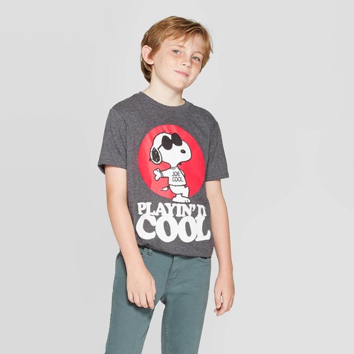 Petiteboys' Snoopy 'playing It Cool' Short Sleeve T-shirt - Charcoal Xs, Boy's, Black