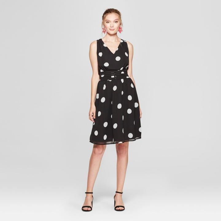 Women's Polka Dot Sleeveless Button Waist Dress - A New Day Black