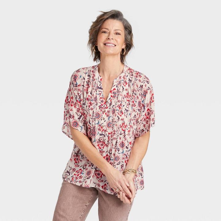 Women's Short Sleeve Henley Blouse - Knox Rose White Floral