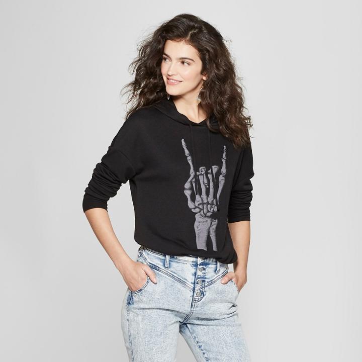 Women's Skeleton Hand Hooded Graphic Sweatshirt - Zoe+liv (juniors') Black
