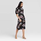 Women's Floral Print Short Sleeve High Neck A-line Midi Dress - Who What Wear Black