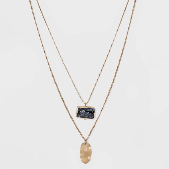 Semi-precious Labradorite With Wavy Metal Tab Layered Charm Necklace - Universal Thread Black
