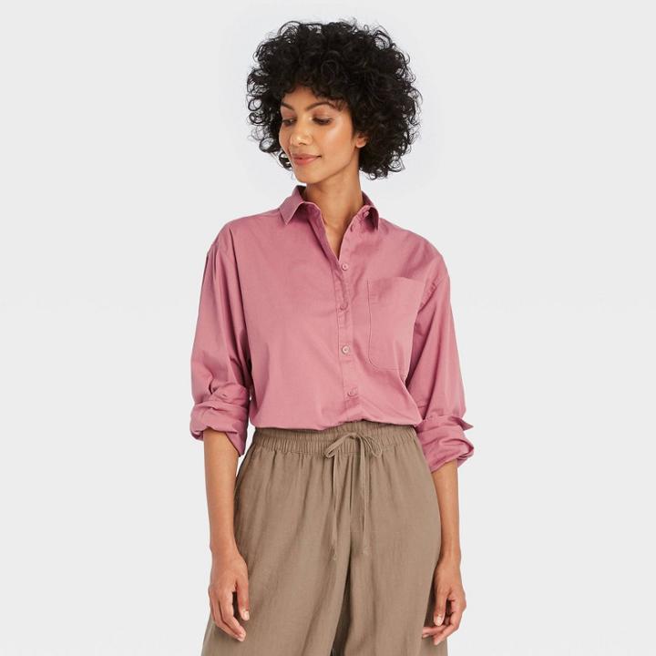 Women's Long Sleeve Button-down Boyfriend Shirt - A New Day Pink
