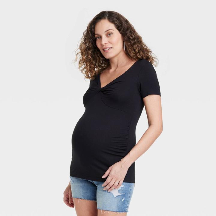 Short Sleeve Twist-front Maternity Top - Isabel Maternity By Ingrid & Isabel Black