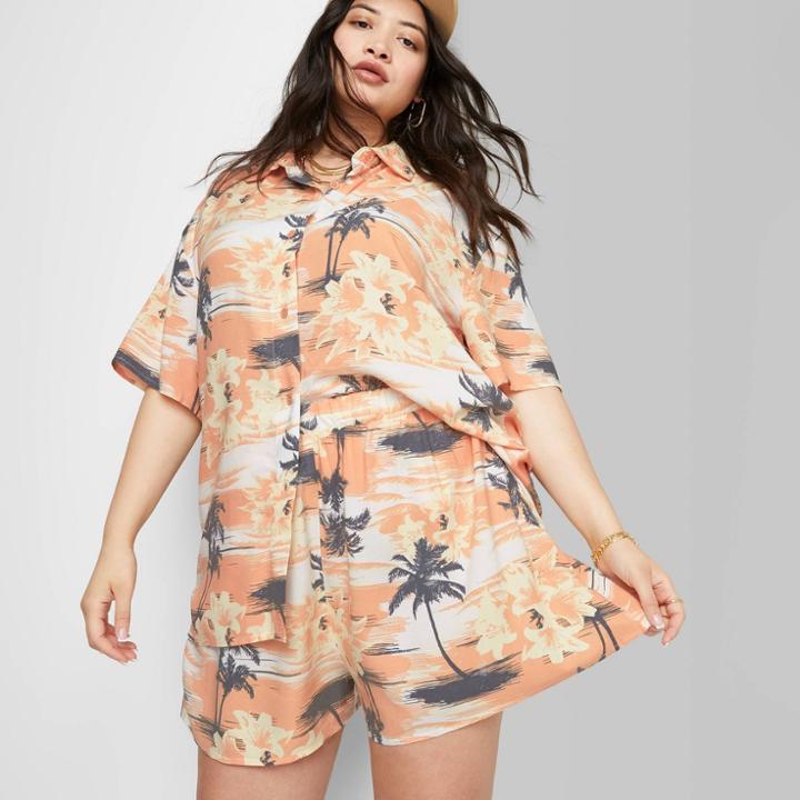 Women's Plus Size Ascot + Hart Tropical Graphic Pull-on Shorts - Orange