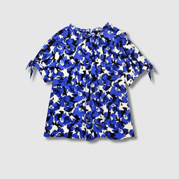 Women's Floral Print Short Sleeve Ruffle Blouse - Who What Wear Blue