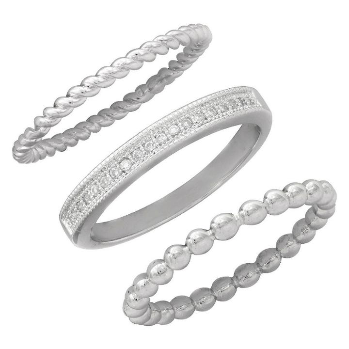 Distributed By Target Women's Cubic Zirconia Band-small Rope Band And Med Bead Band Silver Plated Stack Ring Set, Size: 7,