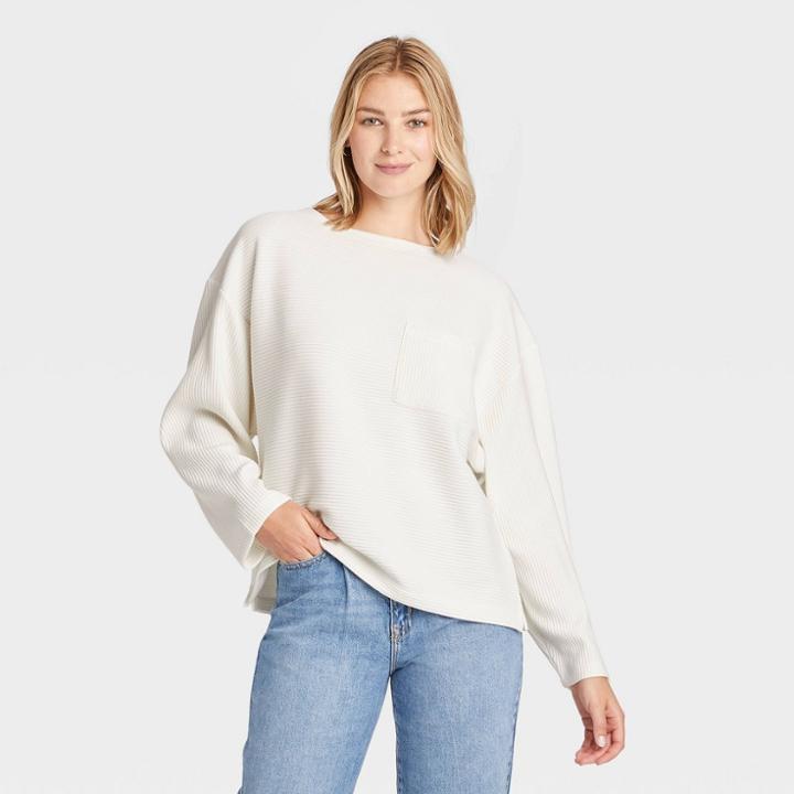 Women's Long Sleeve Ottoman T-shirt - A New Day Cream