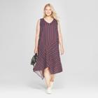 Women's Plus Size Striped Sleeveless Dress With Asymmetrical Hem - Ava & Viv Navy/burgundy X, Size: